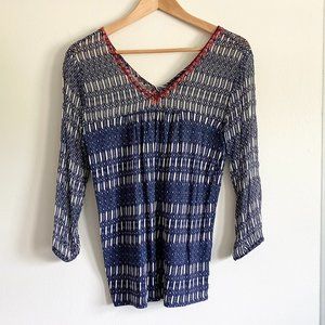 Lucky Brand V-Neck Embroidered Top | Cotton Linen Semi-Sheer Summer Blouse